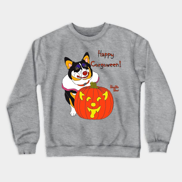 Bookie Boo the Corgi Clown - Happy Corgoween Crewneck Sweatshirt by LeiaPowellGlass